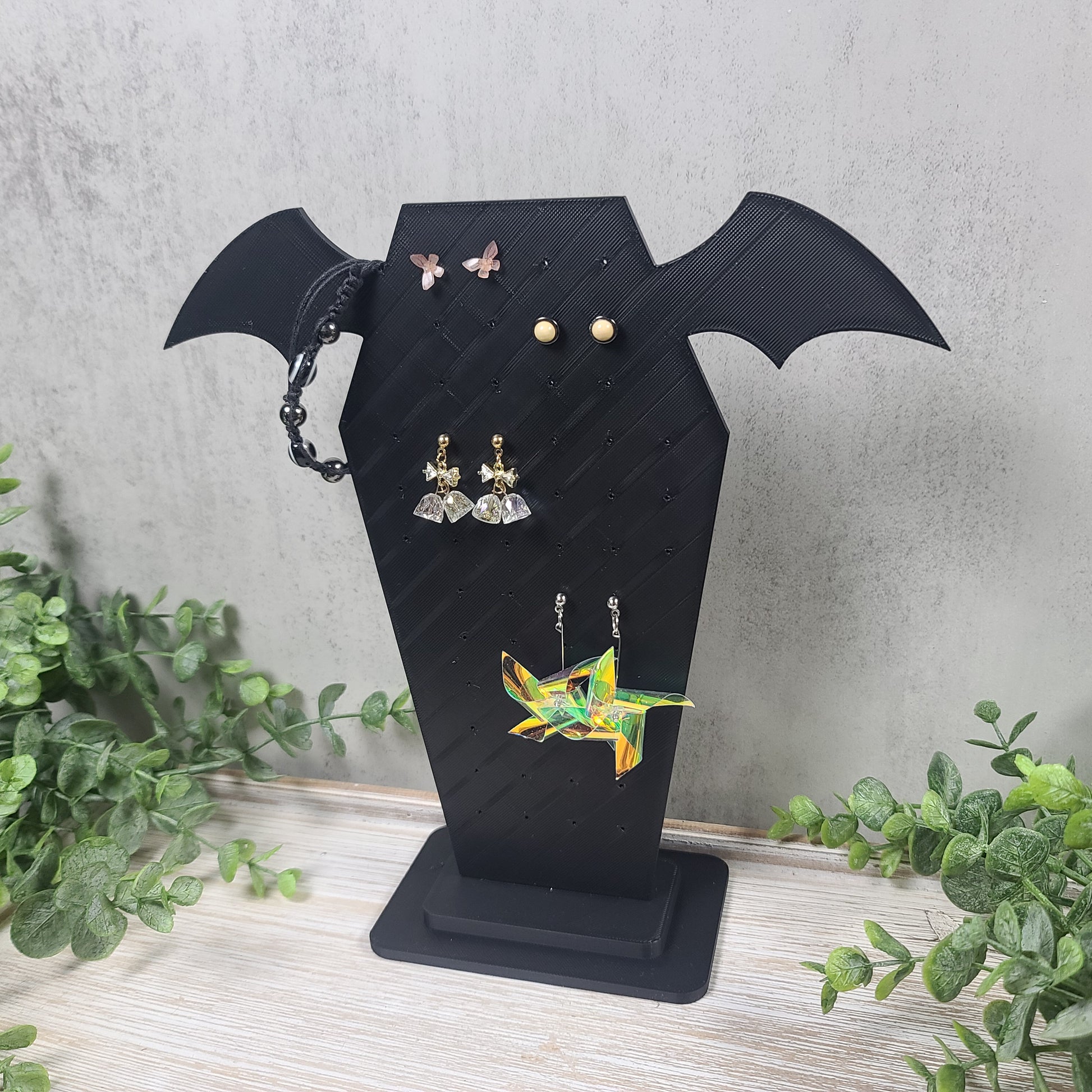 Coffin Earring Stand with Bat Wings, Gothic Jewelry Organizer, Gothic Jewelry Stand, Bat Wings, Earring Stud Display