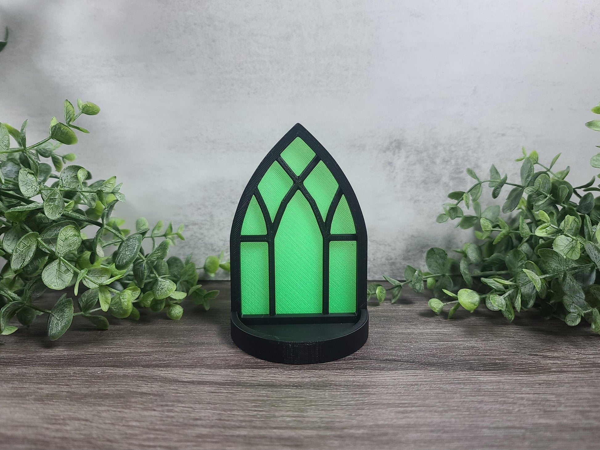 Gothic window desk stand, layers in green