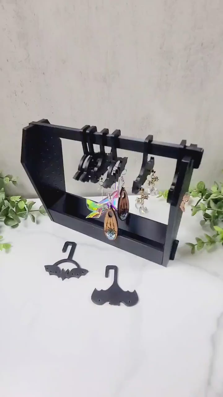 Bat and Coffin Earring Rack with Hangers and Trinket Base, Gothic Jewelry Organizer, Gothic Jewelry Stand, Bat Wings