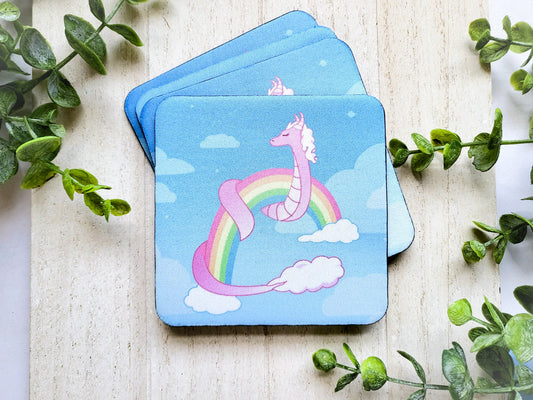 Rainbow Dragon Coasters Set of 4, Fabric Coasters, Kawaii Dragon Coasters